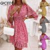Summer Floral Print Mini Dresses Women Vintage Sexy A-Line V-Neck Half Sleeve Party Dress Female Casual Elegant Beach Dress