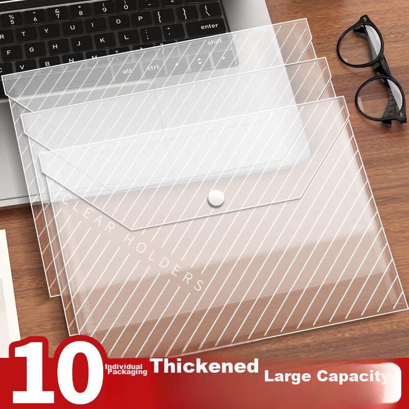 10 Transparent Diagonal A4 Thick File Folders with Button Closure, Student Exam Paper Document Storage Pouches, Waterproof Acrylic Office Supplies