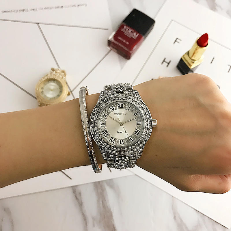 Новые полностью кристаллические часы Contena, роскошные часы, модные женские и женские кварцевые часы со стразами