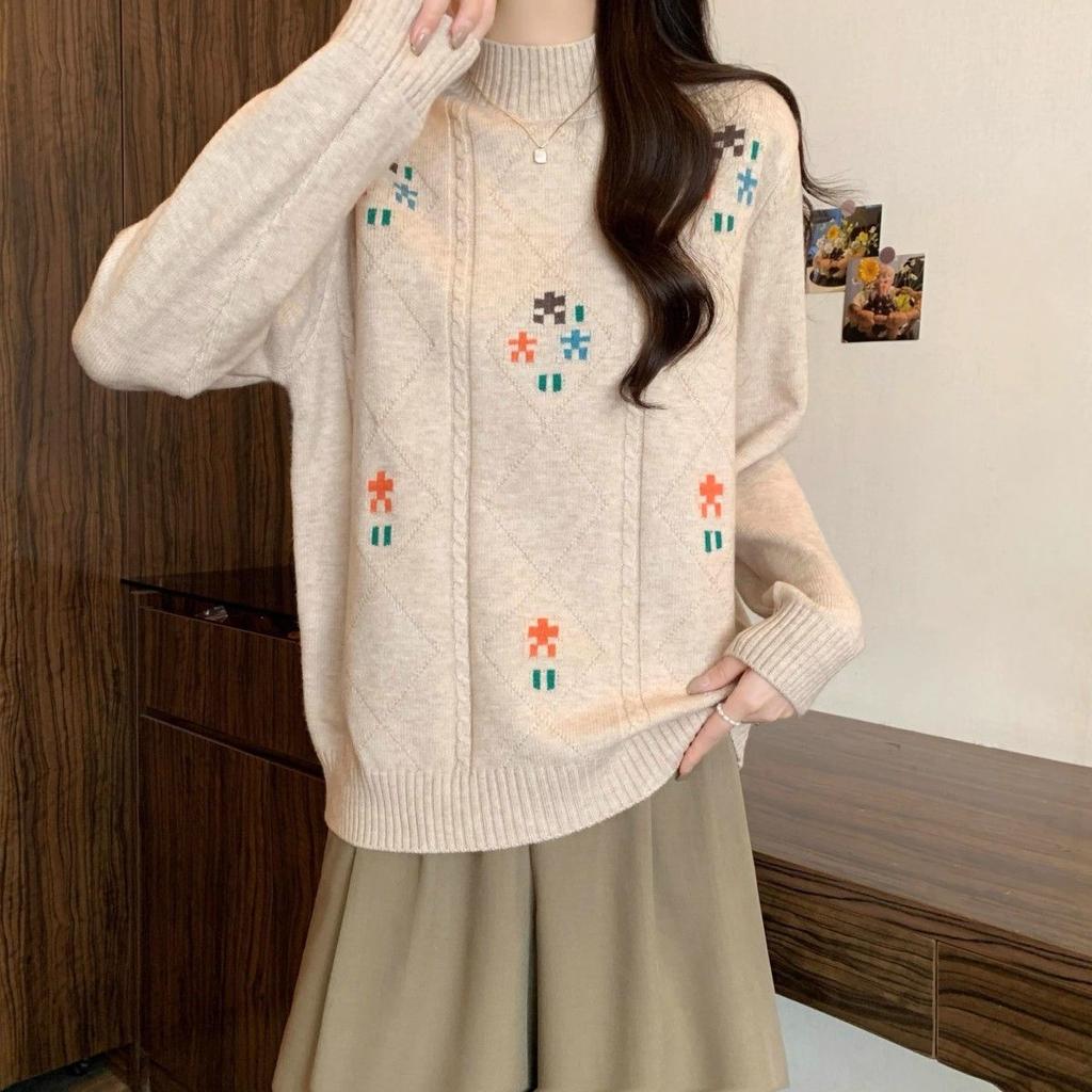 Women's Knitted Sweater Semi High Neck Long Sleeved Base for Autumn and Winter Thick Loose Top