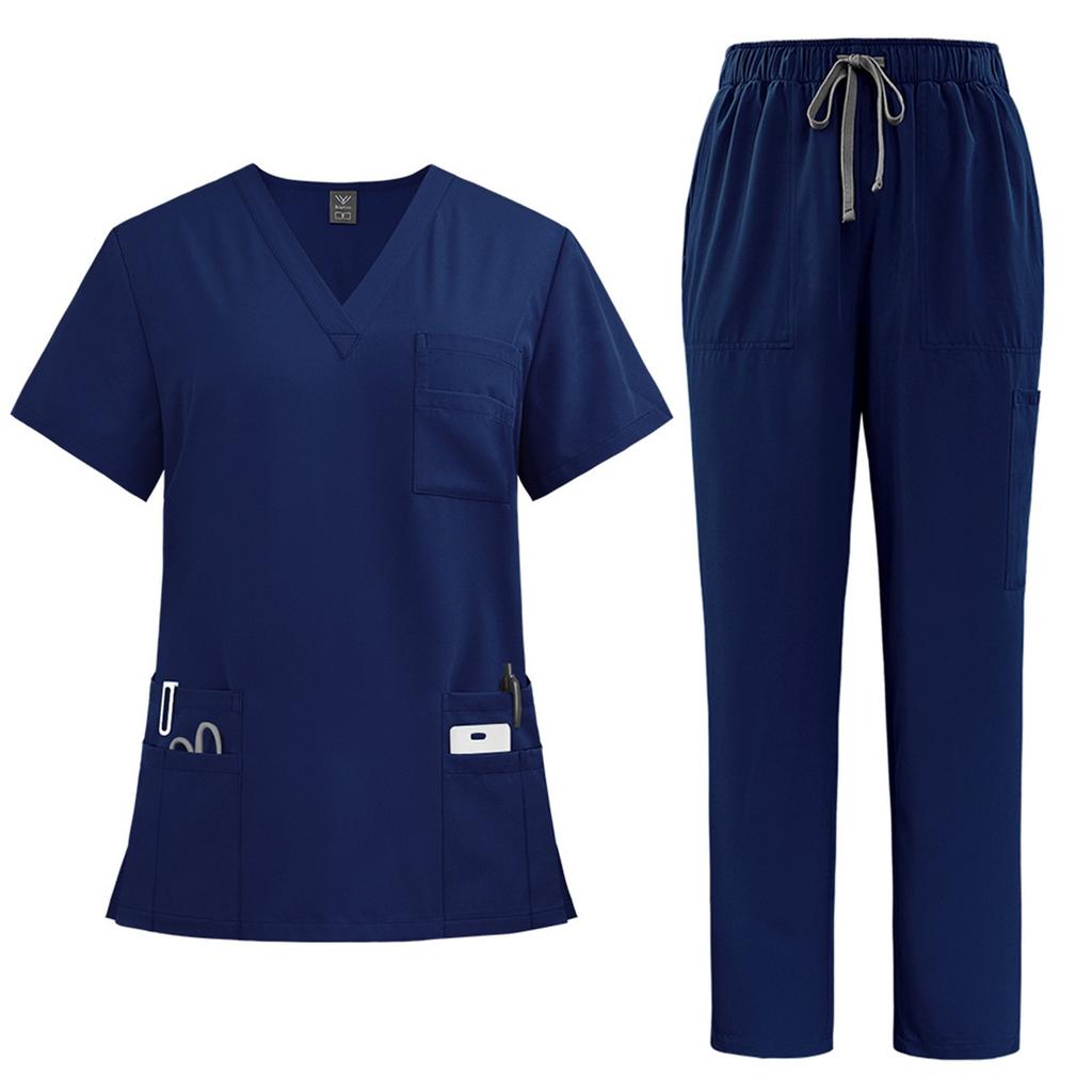 Women's Quick Drying Fabric Solid Color V-neck Pocket Short Sleeved Pants Set Workwear