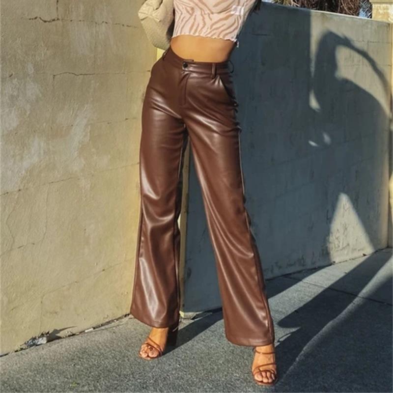 Women Solid Fashion Faux Leather Pants Slim Casual Trousers