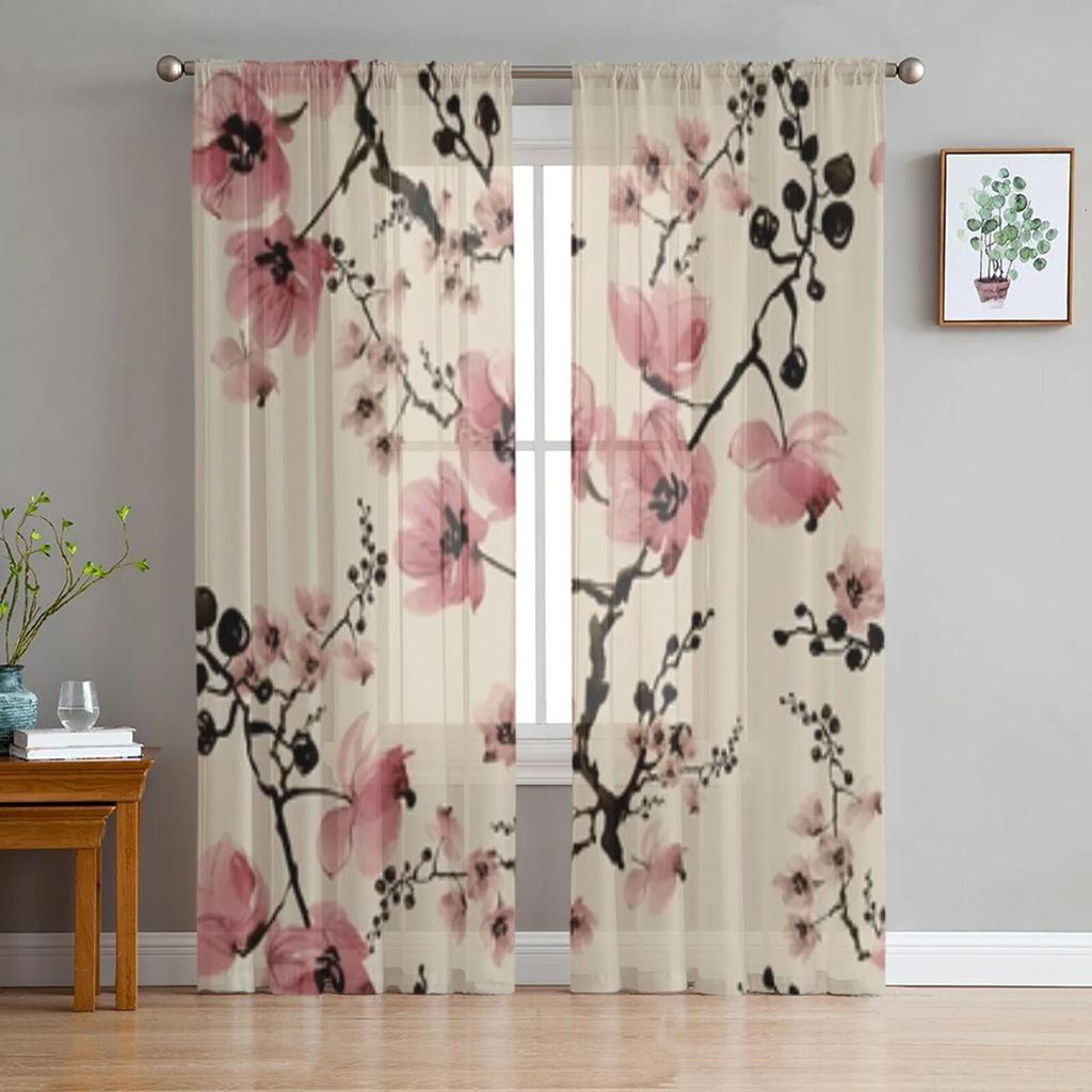 Beautiful Blooming Branches Tulle Window Curtain For Living Room Bedroom Voile Sheer Curtains Kitchen Treatments Drapes