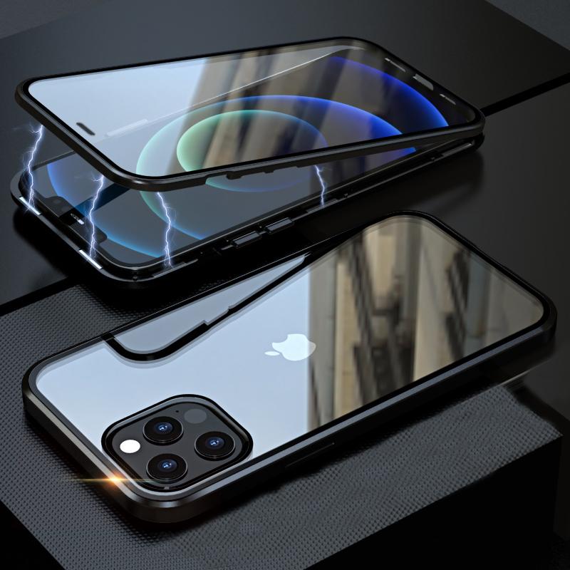 IPhone 15 14 13 12 11 Pro max X XR Xs max 7 8 plus mini uchun shaffof shisha metall magnit g'ilof