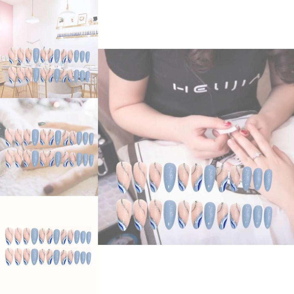 Элегантный миндалевидный рифленый океанский синий белый пэчворк французский стиль весна/лето свежий чистый носибельный нейл-арт W12