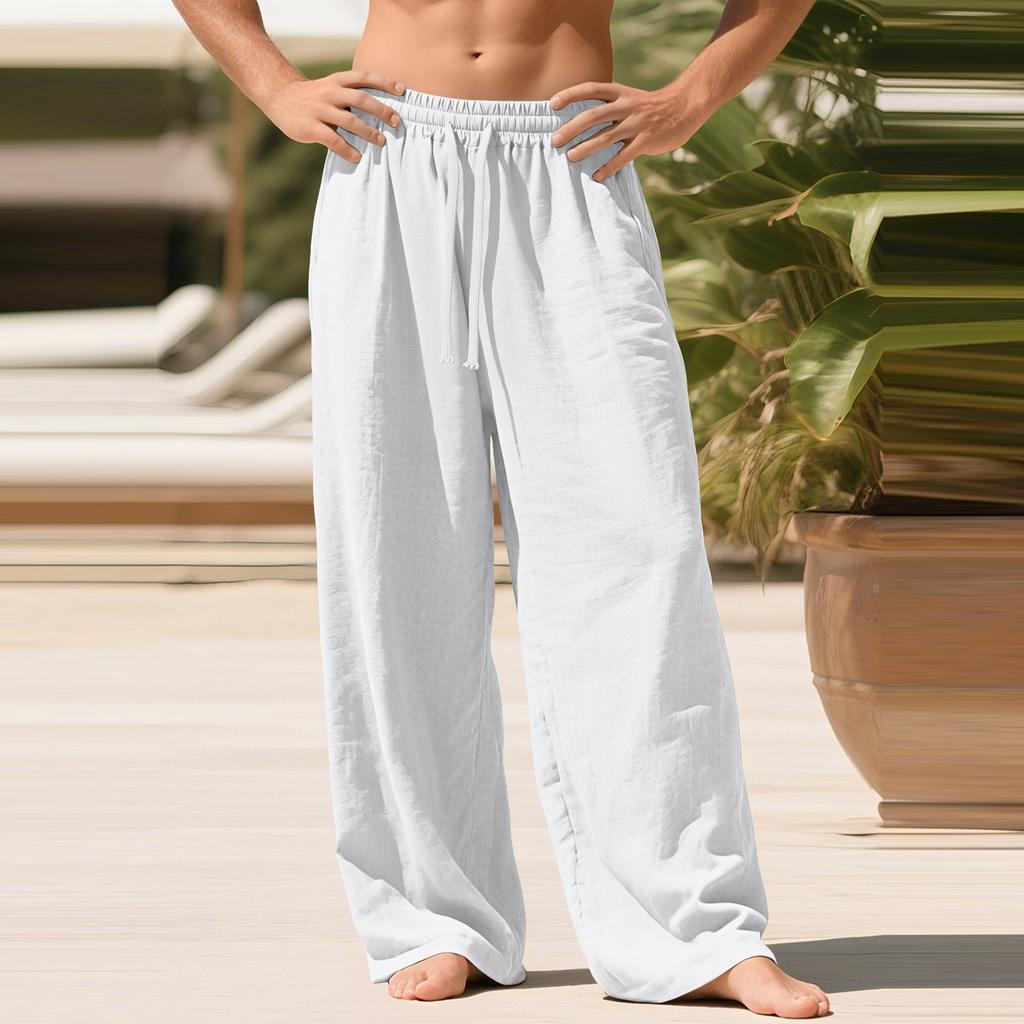 Men's Linen Loose-fitting Casual Sports Pants With Pockets And Drawstring, Solid Color