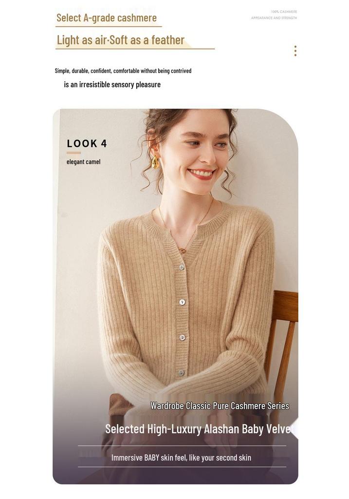 Women's Cable Knit Cashmere Cardigan: Round Neck, Long Sleeve, Buttoned, Versatile Autumn/Winter Sweater.