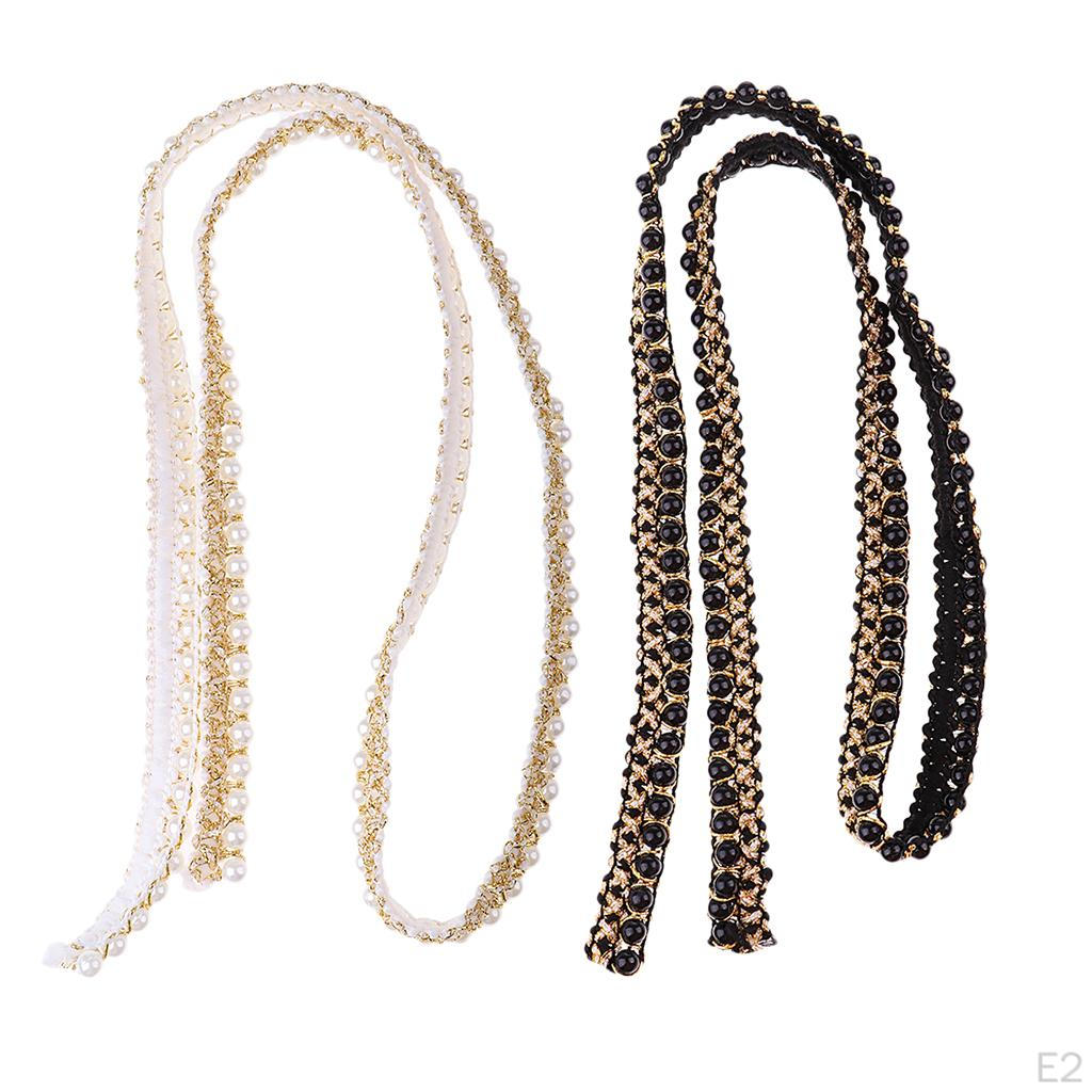 1 Yard Artificial Pearl Beaded Lace Ribbon Applique Sewing for Dress Decoration 0.59 Inch - Black