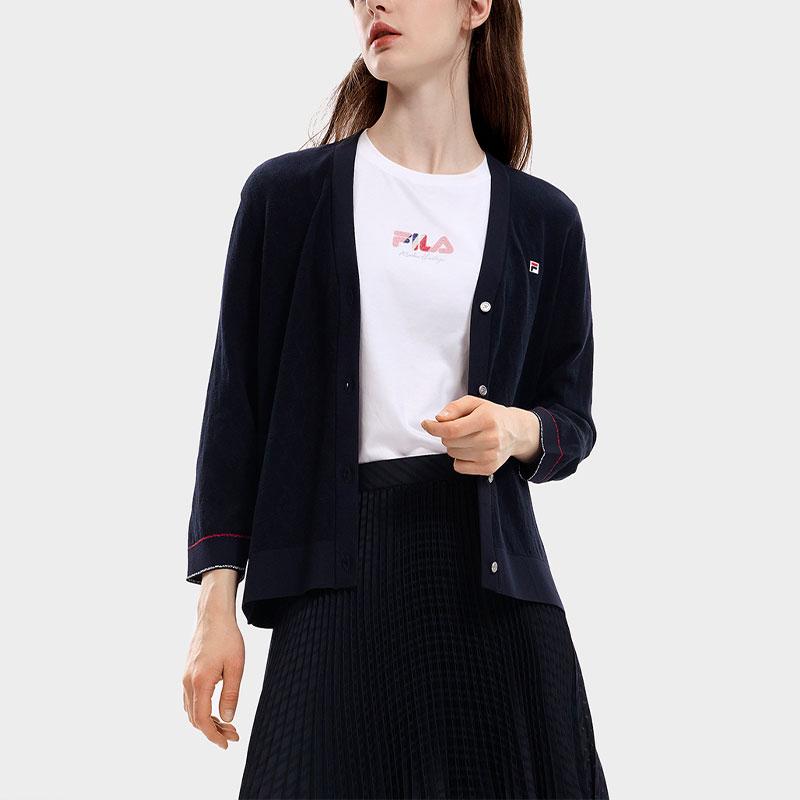 Fila Logo Print Casual Open-Front Long Sleeve Knit Sweater Women Sweater Legendary-Blue F11W331401FNV