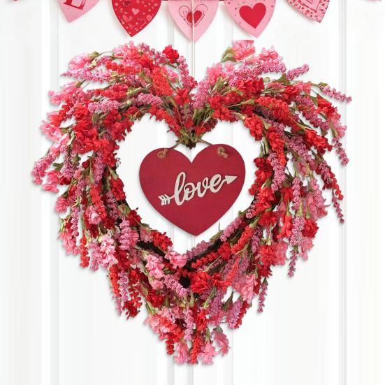 Holiday Wreath Heart Shape Indoor Outdoor Decorative Wreath with Festive Flowers Greenery Home Party Office