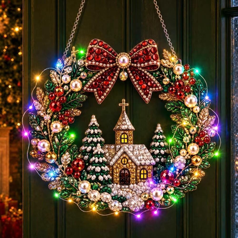 With LED String Light Diamond Art Wreath Diamond Sticking Hanging Wreath LED Wreath Holiday Gift