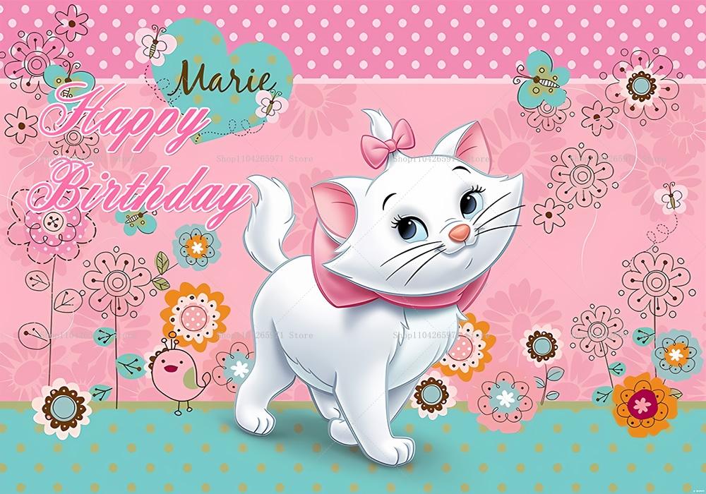 Beautiful cat Marie birthday background poster, cartoon white cat theme for girls birthday party decorations, photo background accessories.