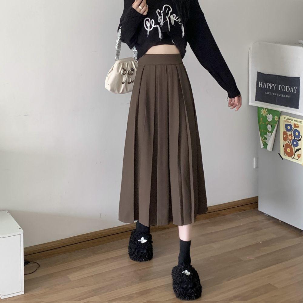 Длинная плиссированная юбка, женская винтажная корейская модная однотонная юбка трапециевидной формы с высокой талией, элегантная повседневная осенняя школьная юбка для девочек