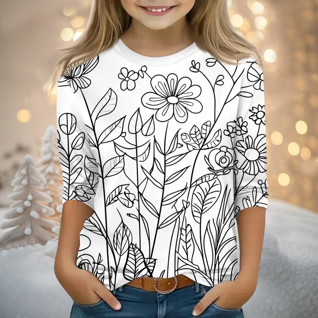 Детские топы с рукавами 3/4, футболка с принтом, круглый вырез, пуловер, блузка, детские раскрашенные вручную цветные топы