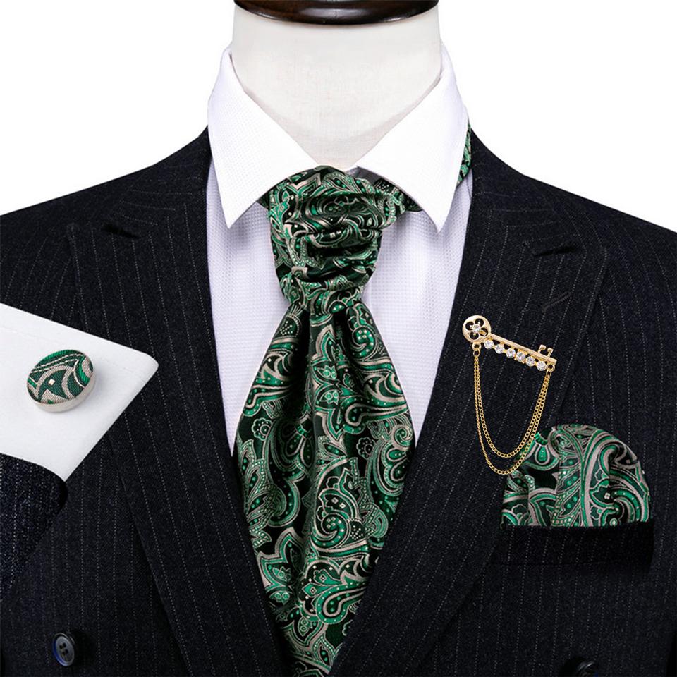 Barry.Wang Mens Ascot with Brooch Floral Jacquard Silk Cravat Tie Hanky Cufflinks Set