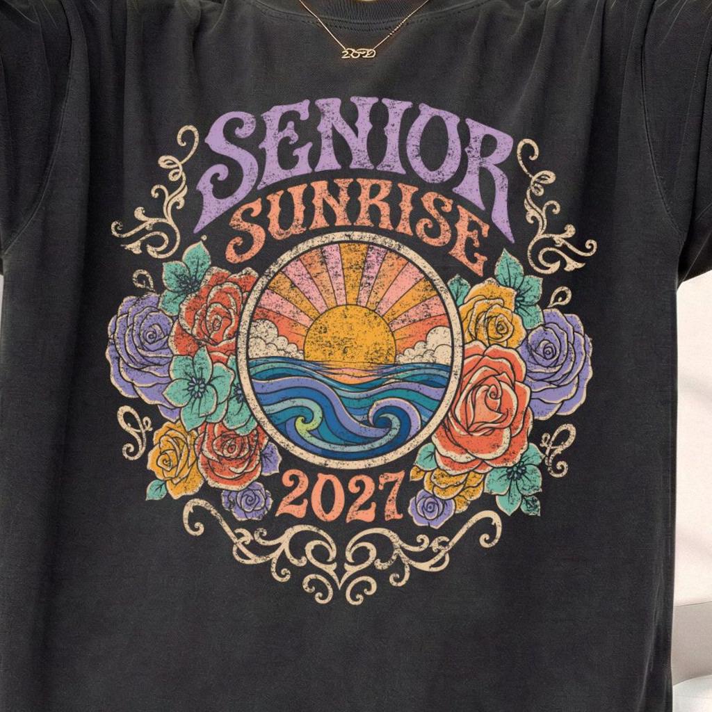 Senior Sunrise 2027 T-Shirt and kids tshirt, Vintage Beach Graduation Tee, Boho Floral Sunset Vibe Class of 2027 Gift for Her, Retro College Grad