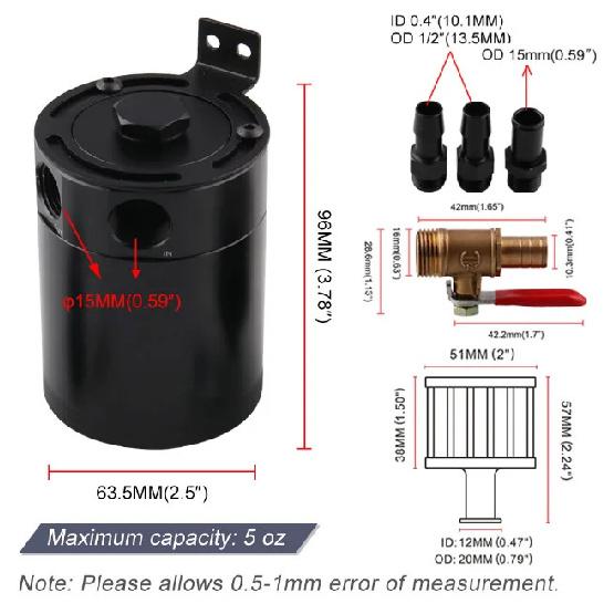 Universal 2.0L Racing Baffled 2-port Oil Catch Can Tank Air Oil Separator with filter and valve