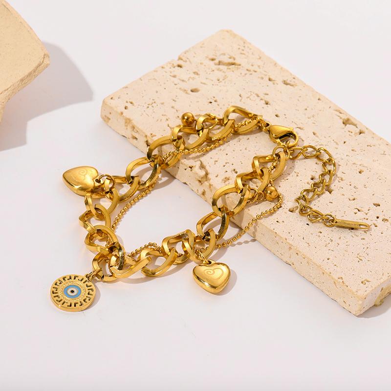 Браслет из нержавеющей стали с подвесками в виде сердца и глаз золотого цвета для женщин, высококачественные невыцветающие ювелирные изделия на запястье, аксессуары