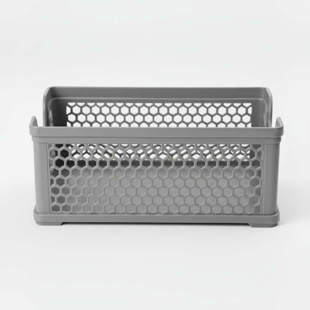 Gray openwork basket organizer, stackable for a shelf in a cabinet