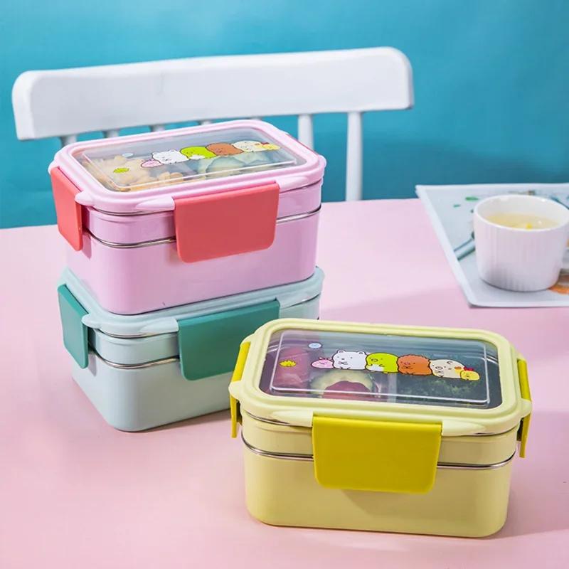 Double Layer Portable Stainless Steel Cartoon Food Container Microwave Bento Box for Kids Children Picnic School