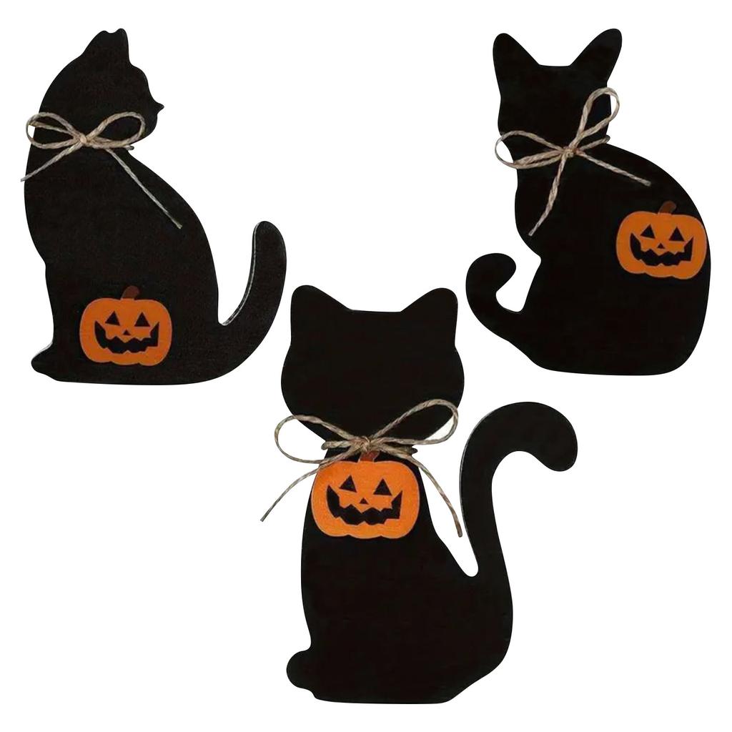 3 Halloween Cat Wood Table Cards, Halloween Tiered Tray Decorations, Rustic Halloween Tabletop Block Signs, Fall Centerpieces For Halloween Home