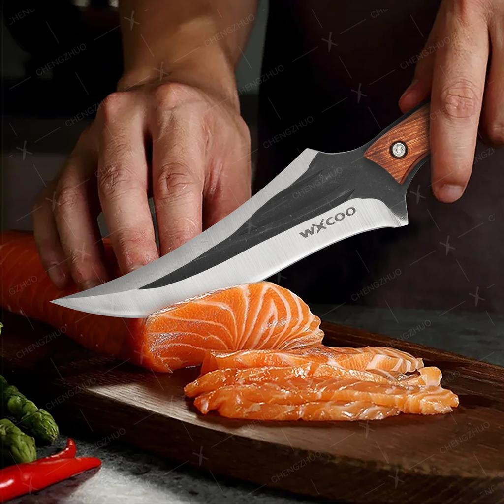 Профессиональный нож для мяса Кованый нож для разделки Нержавеющая сталь Топор Кухонный нож шеф-повара Ножи для мяса, рыбы, фруктов с чехлом