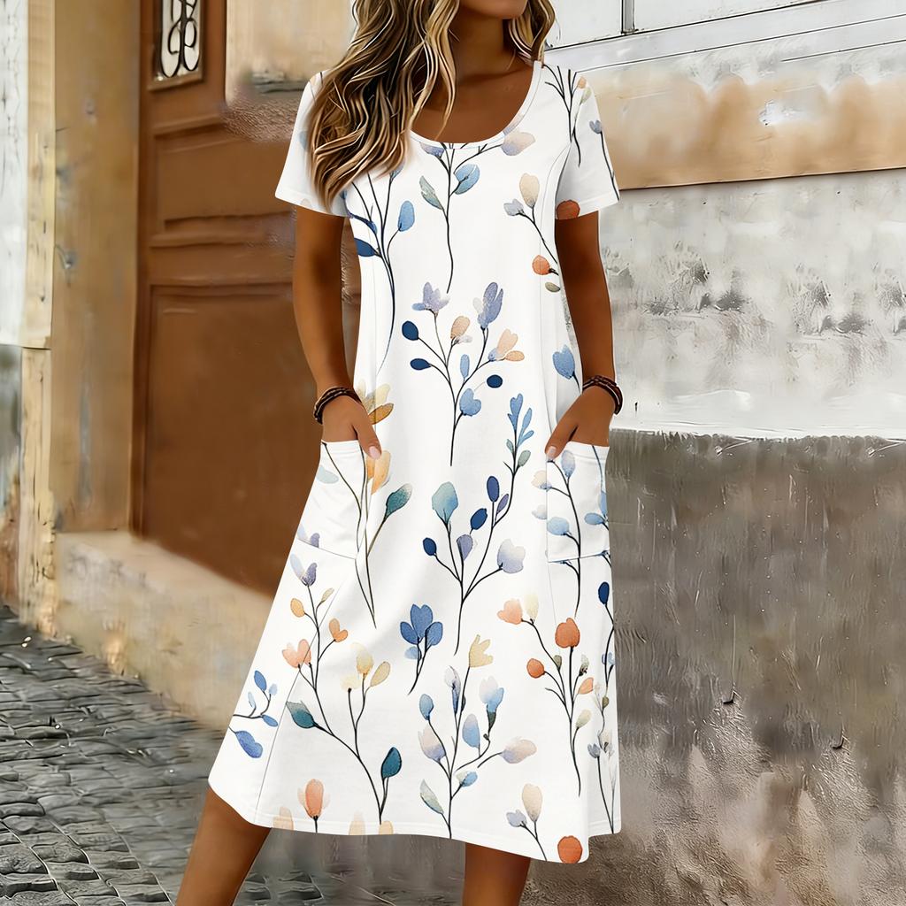 Women’s Short Sleeve Midi Dress with Maple Leaf Print Relaxed Fit Crew Neck Casual Pockets Soft Fabric Comfortable Wear