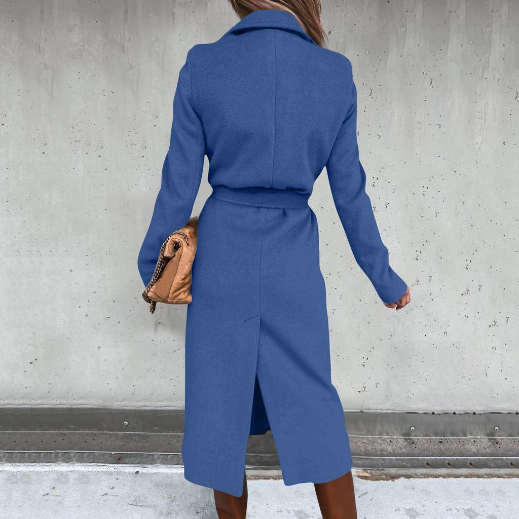 Women's Winter Woolen Coat Elegant Lapel Trench Coat Solid Color Long Jacket Work Tie Long Coat