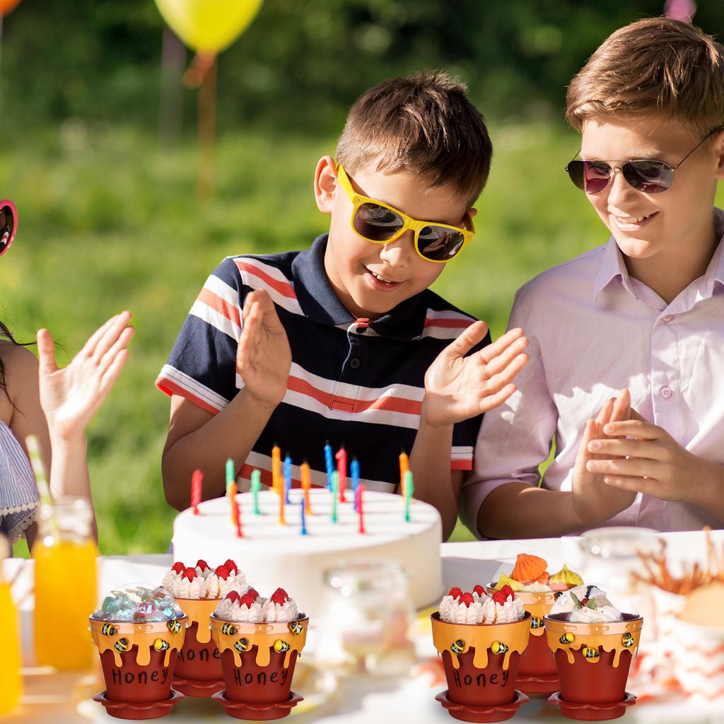 48 Pack Mini Honey Bee Pots with Lids Spoon Saucers and Wooden Bee Charms For Baby Shower Birthday Party Supplies