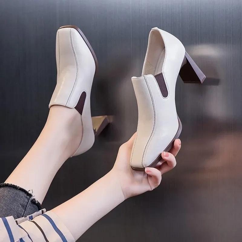 Autumn Women Pums Cozy Work Shoes Slip-On 2024 Vintage Pumps Dress Prom Career Thick Heel 7cm Ladies Shoes Square Toe Pumps