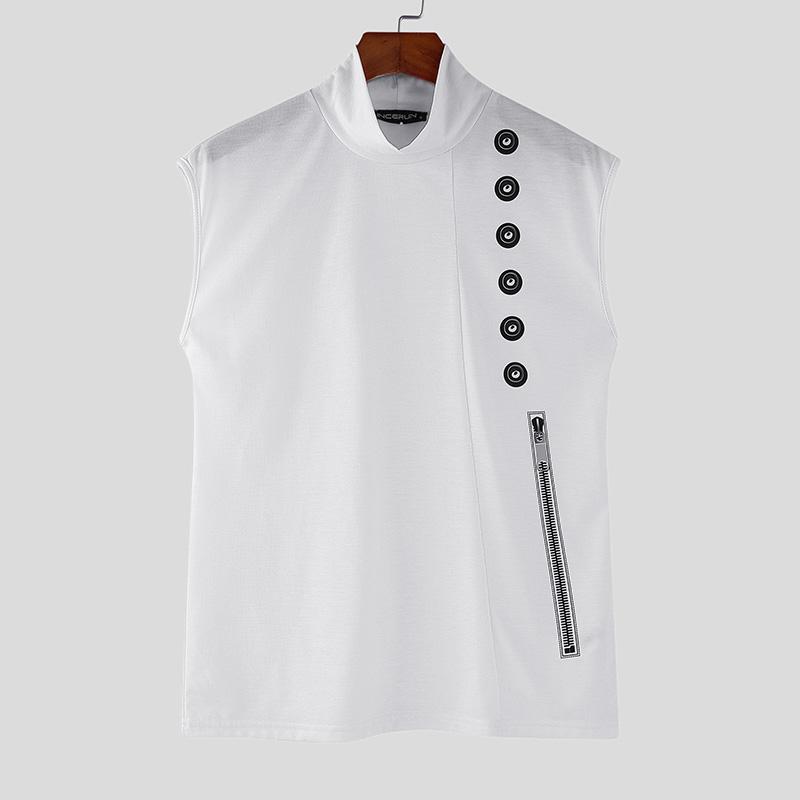 INCERUN Мужские летние свободные тонкие майки с высоким воротом и без рукавов с принтом 
