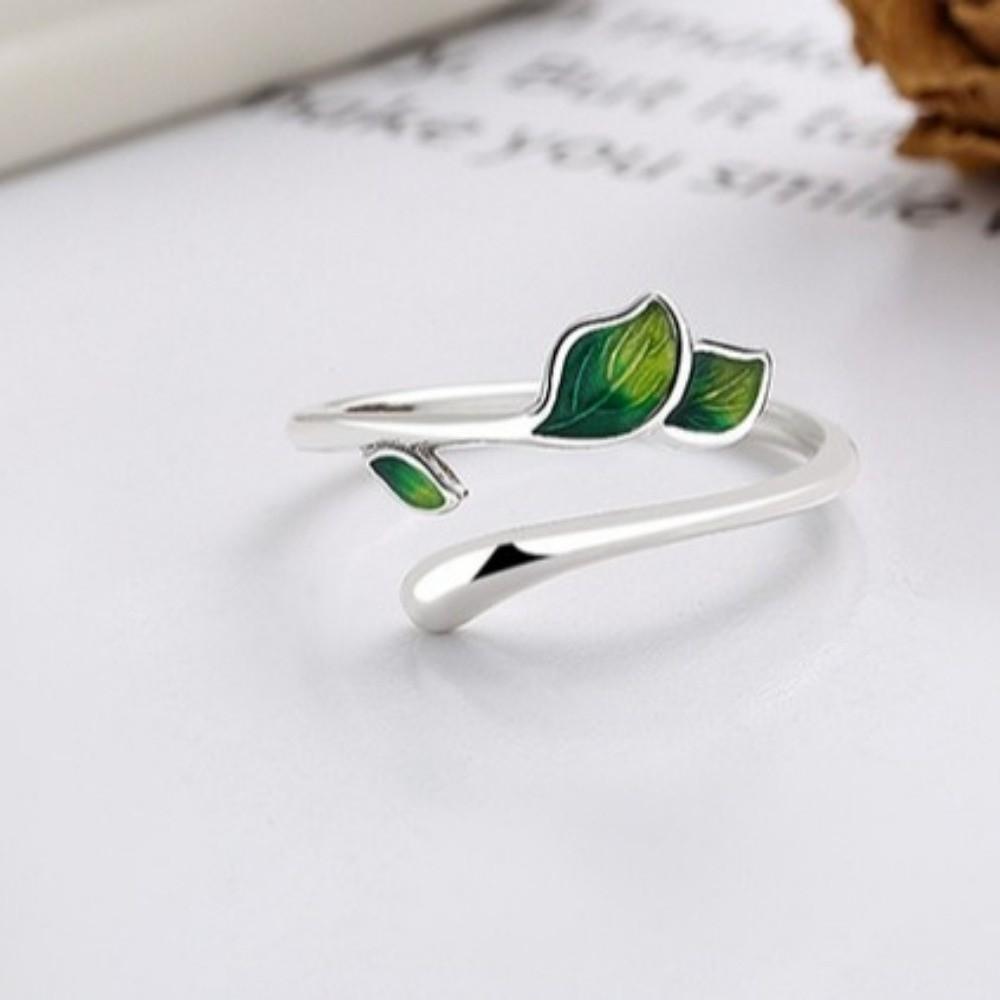 Adjustable Enamel Leaf Ring Oil Drop Women's Ring Elegant Leaf Opening Ring  Gifts