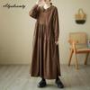 Плюс размер осень-весна женское платье большого размера с воротником Питера Пэна черно-зеленое кофейное повседневное свободное платье винтажное вельветовое платье с длинным рукавом