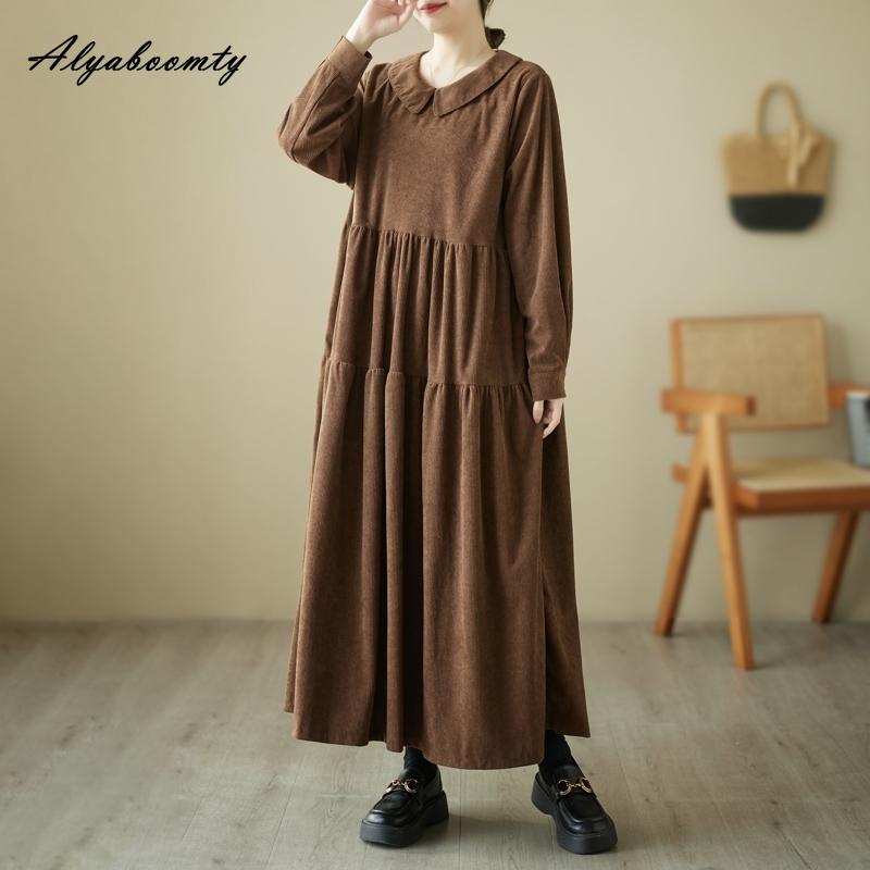 Плюс размер осень-весна женское платье большого размера с воротником Питера Пэна черно-зеленое кофейное повседневное свободное платье винтажное вельветовое платье с длинным рукавом