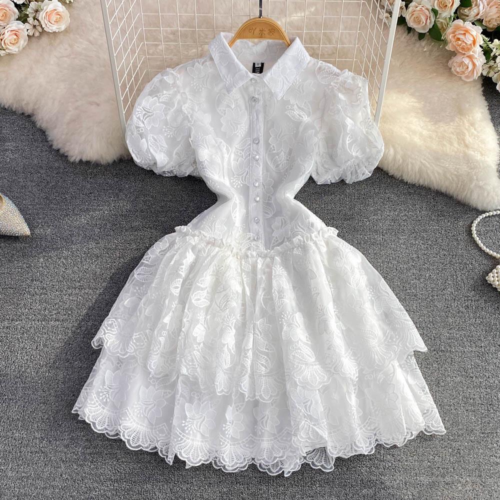 Summer Women's Retro Temperament Super Fairy Lapel Single-breasted White Embroidery Bubble Sleeve A Word Cake Dress