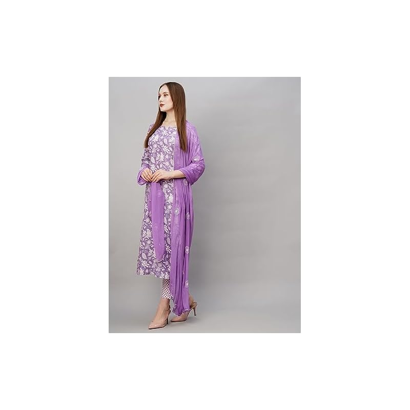 GoSriKi Women's Cotton Blend Straight Printed Kurta with Pant & Dupatta (MEI Red-GS_XL_Red_X-Large)