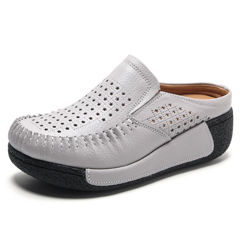 Кожаные толстоподошвенные туфли с вырезами, повседневные тапочки на танкетке, женские сандалии с закрытым носком и открытой пяткой