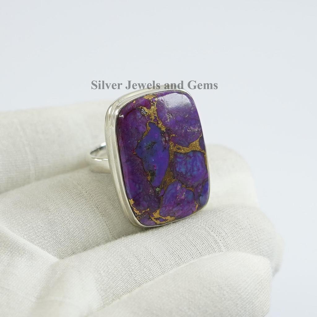 925 Sterling Silver Purple Turquoise Ring, Rectangle Copper Turquoise Gemstone