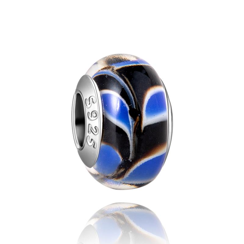Муранское стекло Серия стерлинговое серебро 925 пробы Медный павлин синий и лепесток цветка Вращается Шарм Подходит для браслета Женские изящные циркониевые аксессуары