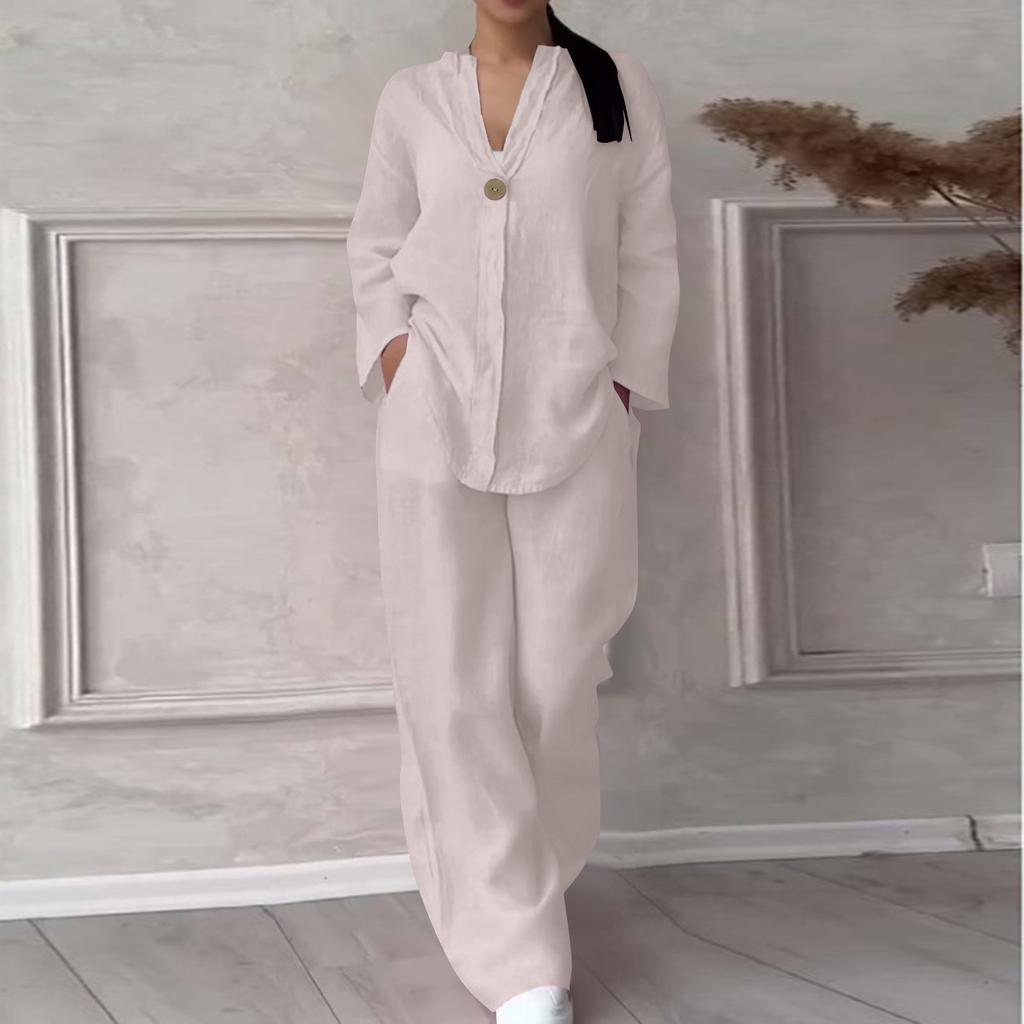 Женский пуловер с круглым вырезом и v-образным вырезом, повседневные длинные брюки из хлопка и льна с длинными рукавами, модный костюм