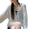 Women Knitting Hollow Design Tops V-Neck Straps Collar Long Sleeve Pullover Tops Solid Color