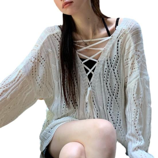 Women Knitting Hollow Design Tops V-Neck Straps Collar Long Sleeve Pullover Tops Solid Color
