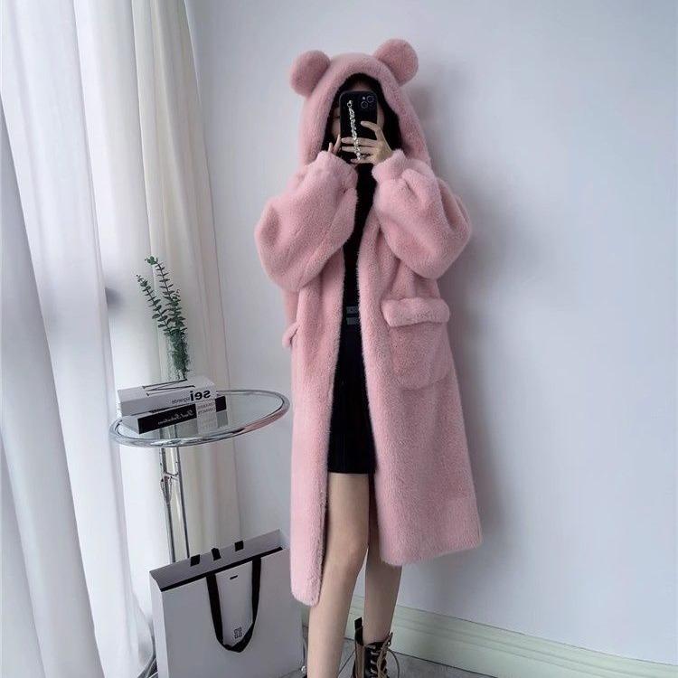 Теплое пальто с капюшоном из искусственного меха женское зимнее милое на флисовой подкладке толстое длинное универсальное