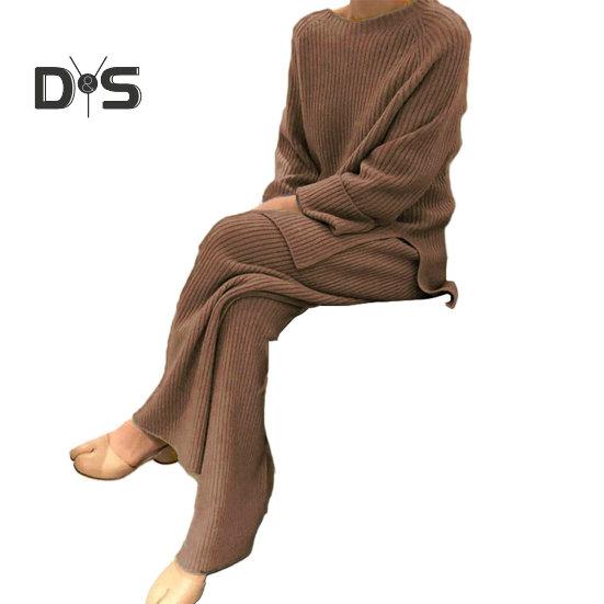 Женский комплект из 2 шт./компл., свитер, брюки, вязаный эластичный круглый вырез, свободный, с широкими штанинами, с эластичной резинкой на талии, толстый, мягкий, теплый, домашняя одежда, одежда для сна, женская зимняя осень