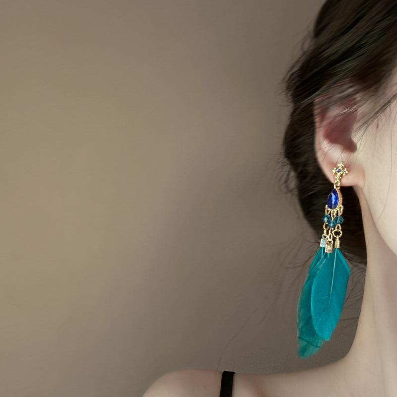 Серьги-кисточки в виде перьев с бриллиантами в стиле бохо-серебряной иглы, ретро-дизайн в стиле павлиньего зеленого цвета, стиль Niche