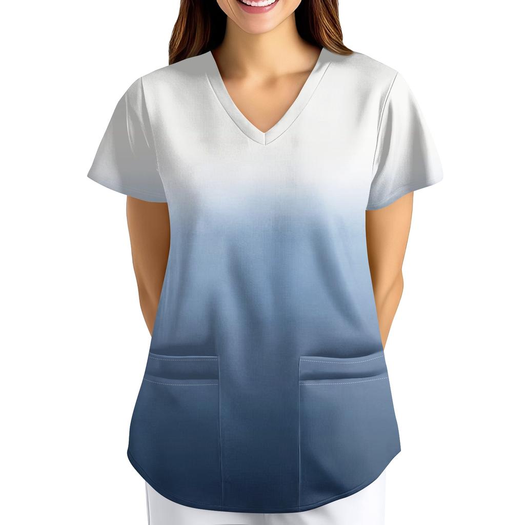 Большой размер Принтованный скраб Рабочая униформа Топы для женских V-образный вырез с запахом Принт Короткий рукав Веселые футболки Рабочая одежда Футболка с карманами