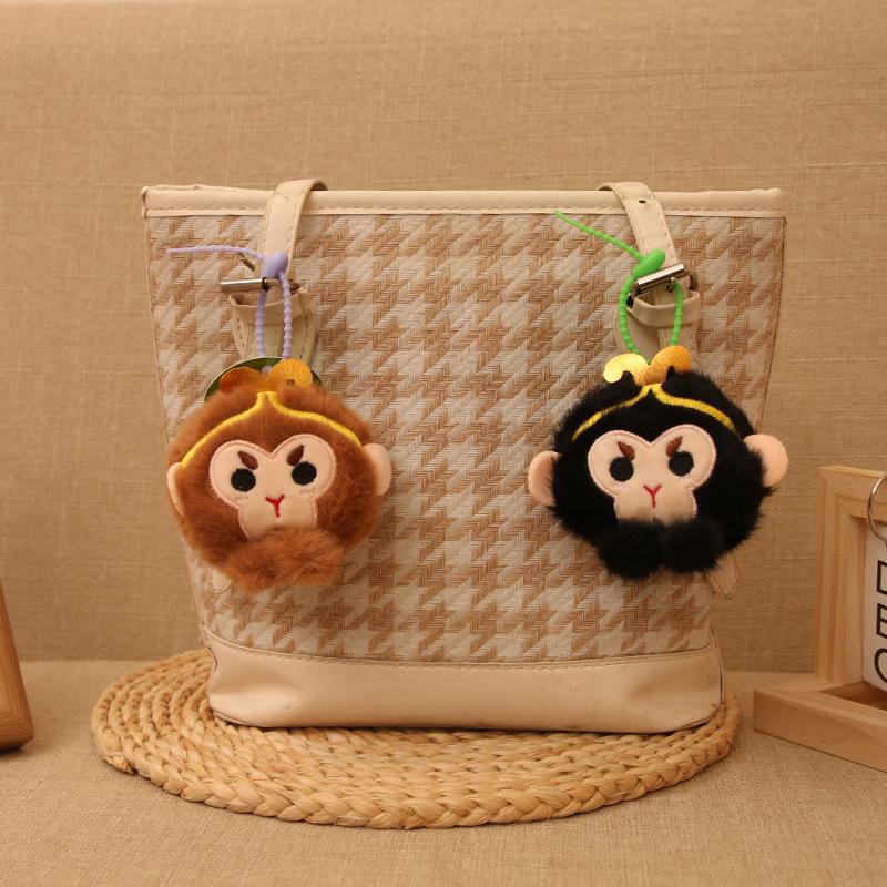 Cute Black Wukong Head Pendant Plush Toy Doll Little Monkey Schoolbag Hanging Decoration Keychain Doll