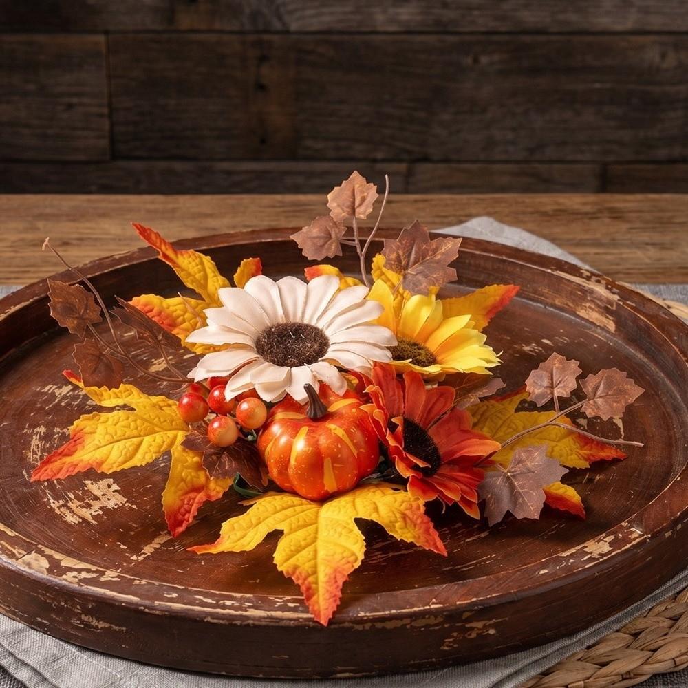 Rustic Style Autumn Sunflower Wreath Ornament Simulation Candle Holder Doorway Decoration