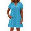 Women's Fashionable Solid Color V Neck Button Short Sleeved Pullover Dress