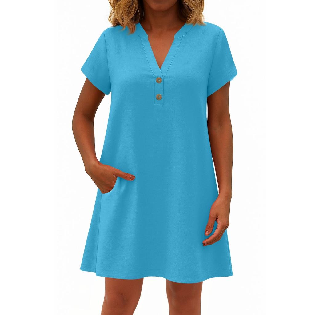 Women's Fashionable Solid Color V Neck Button Short Sleeved Pullover Dress
